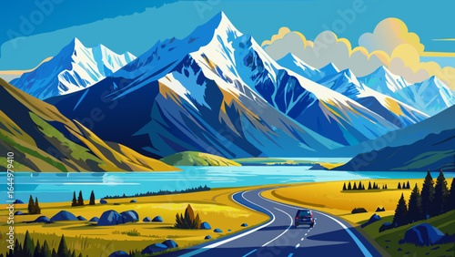 A panoramic road unfurls toward majestic Mt. Cook, its snow-draped summit gleaming under the Southern Alps’ blue embrace, while a lone car journeys past Lake Pukaki’s turquoise brilliance in tranquil 