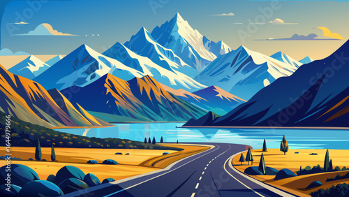 A panoramic road unfurls toward majestic Mt. Cook, its snow-draped summit gleaming under the Southern Alps’ blue embrace, while a lone car journeys past Lake Pukaki’s turquoise brilliance in tranquil 