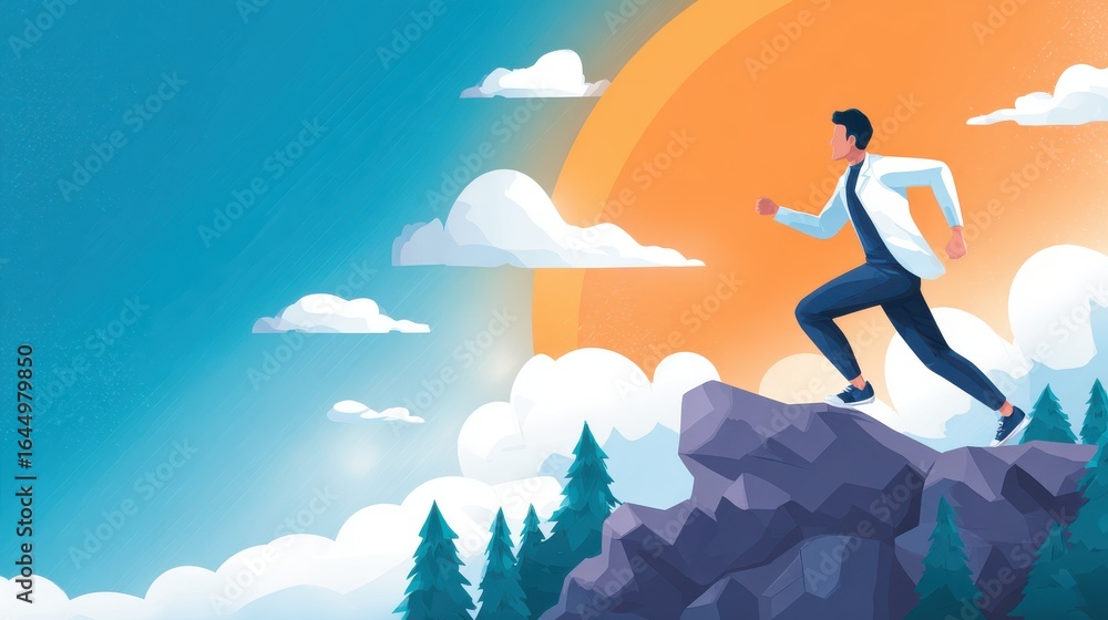 A determined individual climbing a steep mountain path toward a glowing summit, symbolizing an unquenchable thirst for success A determined individual climbing a steep mountain path toward a glowing summit, symbolizing an unquenchable thirst for success