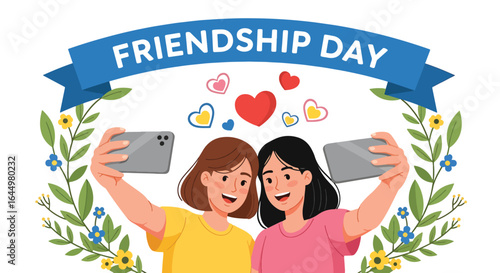 Happy FRIENDSHIP DAY VECTOR illustration Two friends taking selfies with floral frame