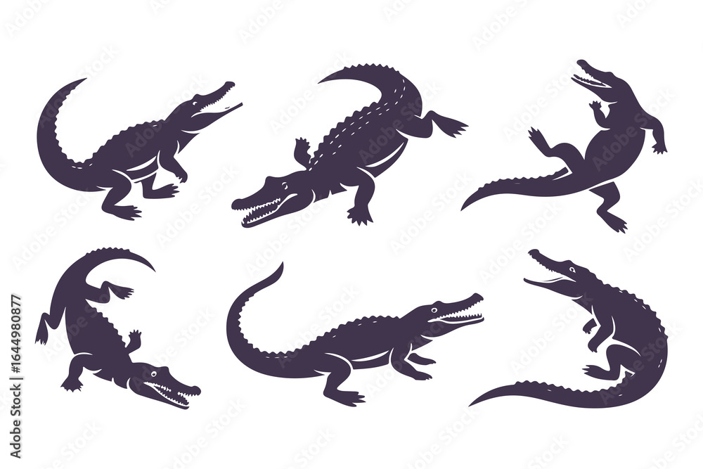 Fototapeta premium Crocodile and Alligator Silhouette Set. Vector Wild Reptile Predator Illustrations
