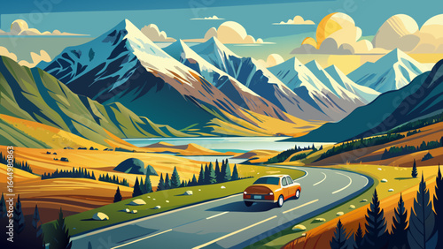 A panoramic road unfurls toward majestic Mt. Cook, its snow-draped summit gleaming under the Southern Alps’ blue embrace, while a lone car journeys past Lake Pukaki’s turquoise brilliance in tranquil 