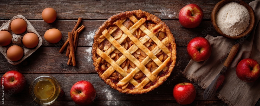 The delicious apple pie surrounded by fresh ingredients and baking essentials. The delicious apple pie surrounded by fresh ingredients and baking essentials.