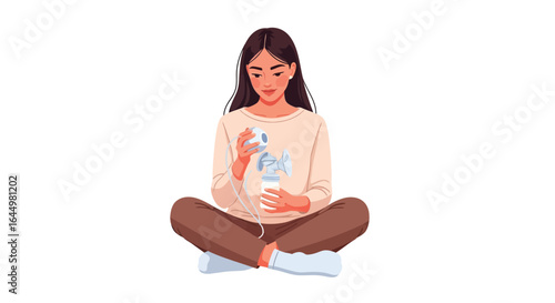 Woman using breast pump for breastfeeding and milk expression