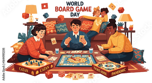 A Colorful VECTOR Illustration Capturing the Joy of a Gaming Gathering Friends and Family Enjoying Diverse Tabletop Activities and Leisurely Play on a Celebratory Occasion.
