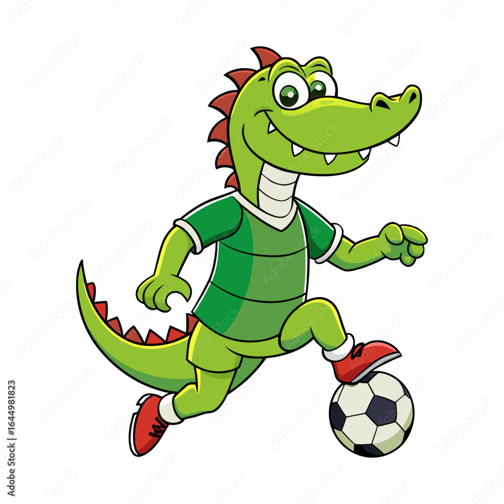Fototapeta premium Cartoon alligator playing soccer in a striped shirt, vector character illustration