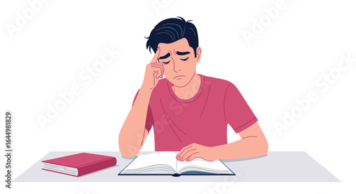 Illustration of student studying hard with open book and stress