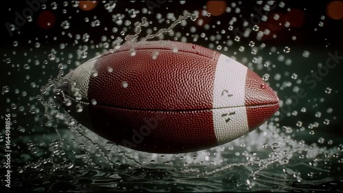 Ultra-detailed close-up of a football in the rain, water droplets in mid-air