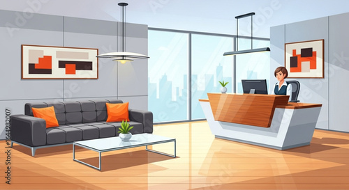 Modern office lobby with reception desk and waiting area, featuring a woman receptionist.