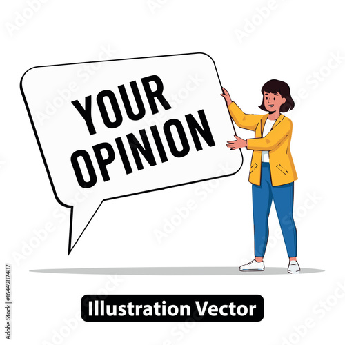 Woman Holding a Speech Bubble with 'Your Opinion' Text, Representing Dialogue and Discussion