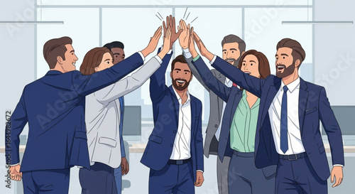 Diverse business team celebrates success with high-fives in a modern office setting.