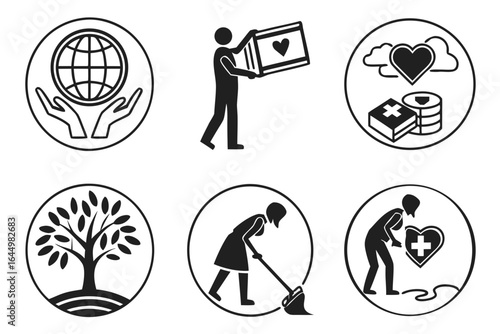 Diverse Icons Representing Global Care Generosity Health Nature and Community Service.