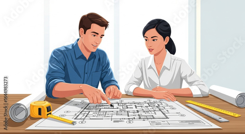 Two architects, a man and a woman, reviewing a blueprint on a table with tools.
