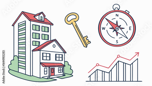 Real estate market analysis and investment opportunities with property key and compass direction guide map