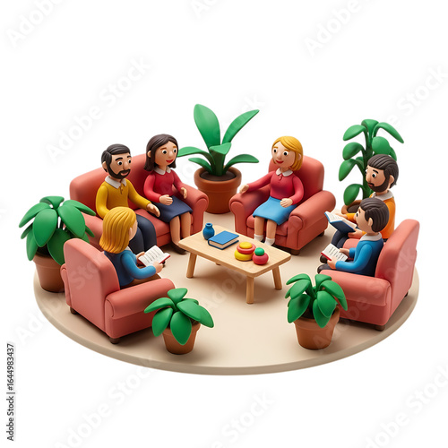 Claymation people in a group therapy session around a coffee table isolated on transparent background