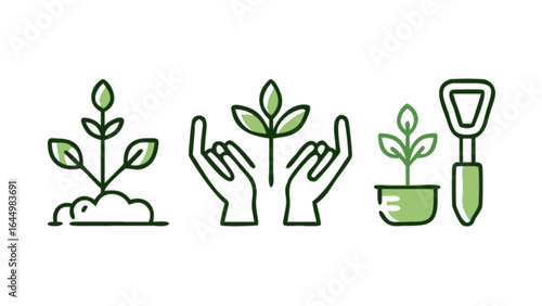 Planting and growing seedlings vector icon set for gardening and agriculture projects and design needs