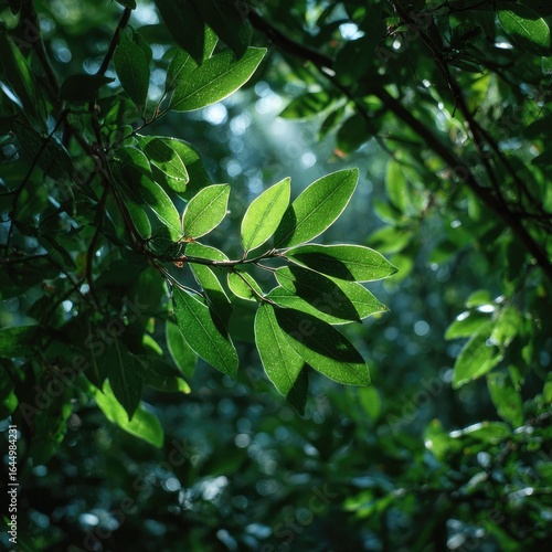 Sunlight filters through lush green foliage, illuminating leaves