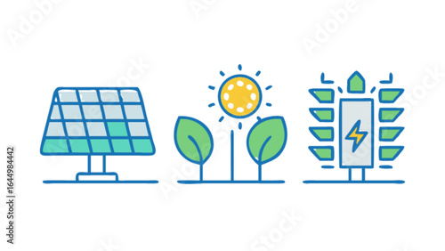 Solar energy panel, sun and plant power, eco friendly battery storage for renewable energy solutions icon set
