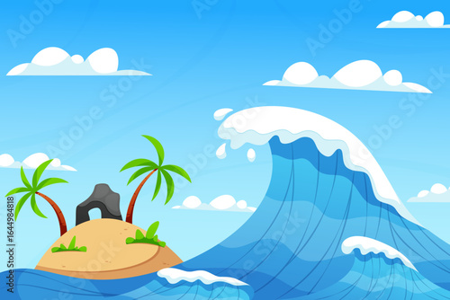 Big waves hit the island. Ocean waves crashing on tropical island.