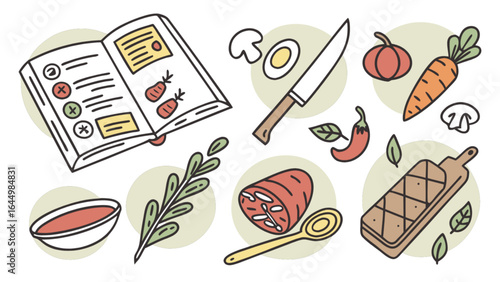 Cooking recipe book with fresh vegetables and ingredients for healthy food preparation illustration