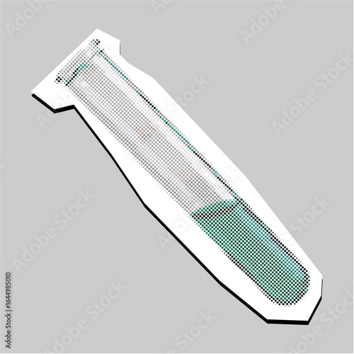 Test tube halftone dotted collage element pointillize in paper torn vector. Symbolizes chemistry, lab experiments, and scientific research with a textured, artistic aesthetic.