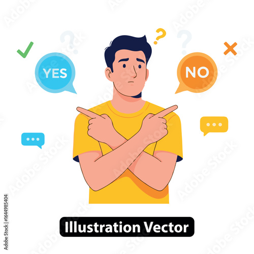 Confused man making a difficult choice between yes and no options with arms crossed. Vector illustration.