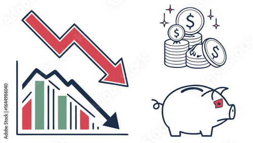 Understanding economic recession and financial crisis with falling graph and piggy bank illustration concept