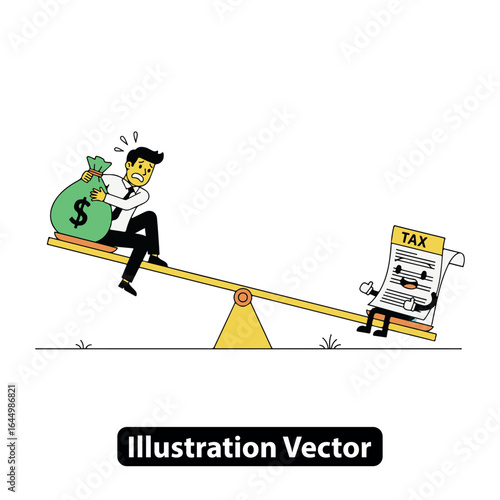 Tax Burden Balance Man Struggles with Money Bag vs. Smiling Tax Bill on a Teeter-Totter