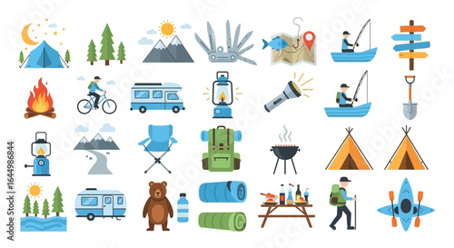 Camping equipment and outdoor recreation vector illustration