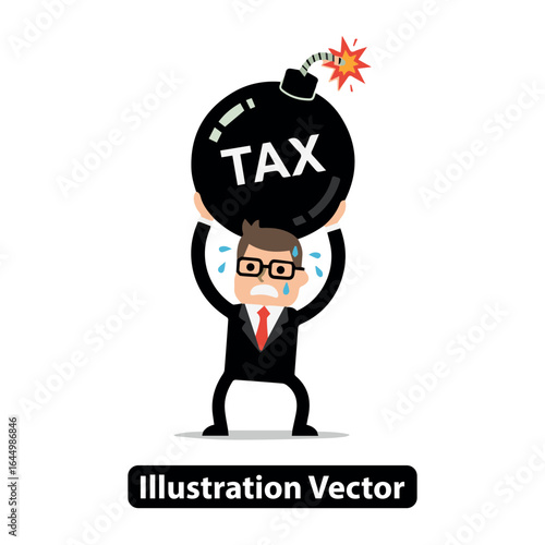 Stressed Businessman Carries Heavy Bomb Labeled TAX, Symbolizing Financial Burden and Anxiety