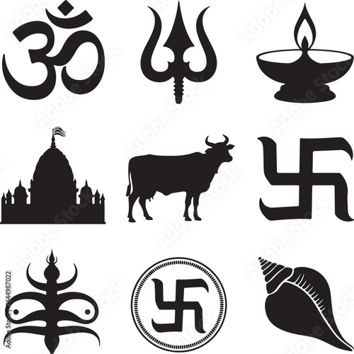 Om symbol trident lamp temple cow swastika and conch