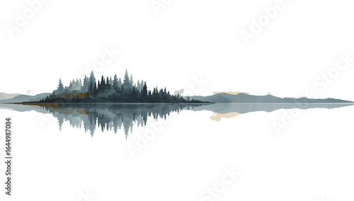 Serene mountain lake reflection with coniferous forest against a transparent horizon