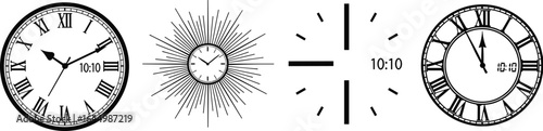 Black and white clock icons, vector illustration of wall clocks, roman numeral styles, analog and digital timepieces, decorative watch face designs set