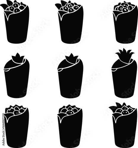 Black Silhouette Burrito Icons Set: Food Illustration, Flat Design