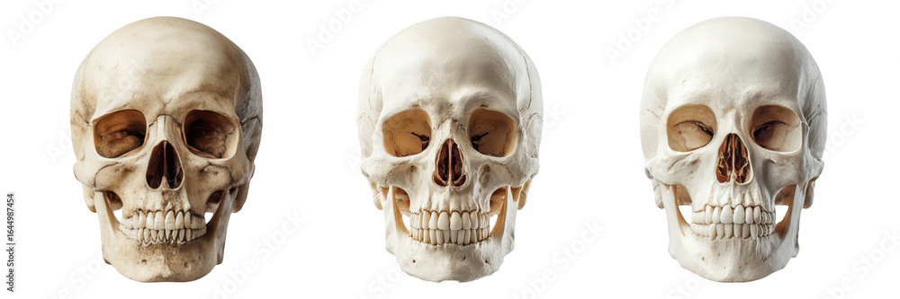 Naklejka premium Detailed Anatomical View of Three Human Skulls in Profile and Frontal
