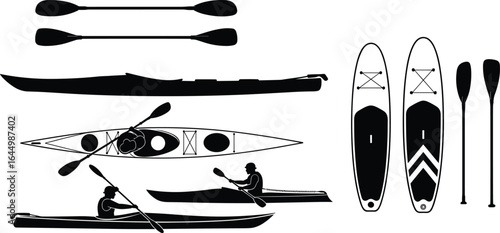 Black and white kayak and paddle board icons, vector illustration of water sports equipment, boating gear, outdoor recreation, silhouette adventure design set