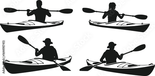 Black and white kayaking silhouettes, vector illustration of people paddling in kayaks, outdoor adventure sport, water activity, canoeing and boating isolated graphic set