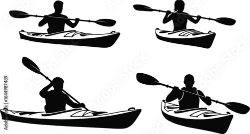 Black and white kayaking silhouettes, vector illustration of people paddling in kayaks, water sports activity, outdoor adventure, canoeing and boating isolated graphic set