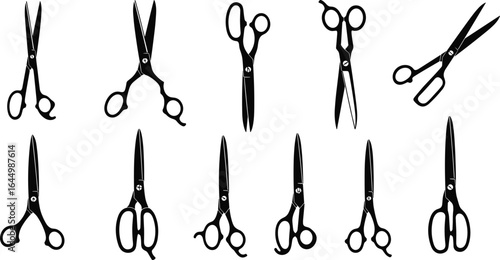 Black and white scissors silhouettes, vector illustration of cutting tools, sewing and crafting equipment, stationary accessories, isolated open and closed designs set