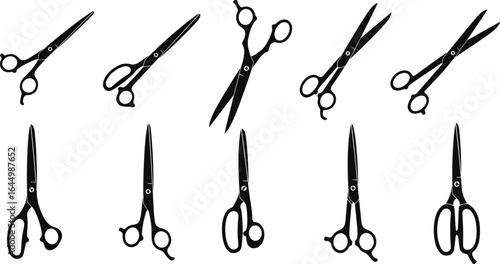 Black and white scissors silhouettes, vector illustration of cutting tools, sewing and crafting equipment, stationary accessories, isolated open and closed designs set