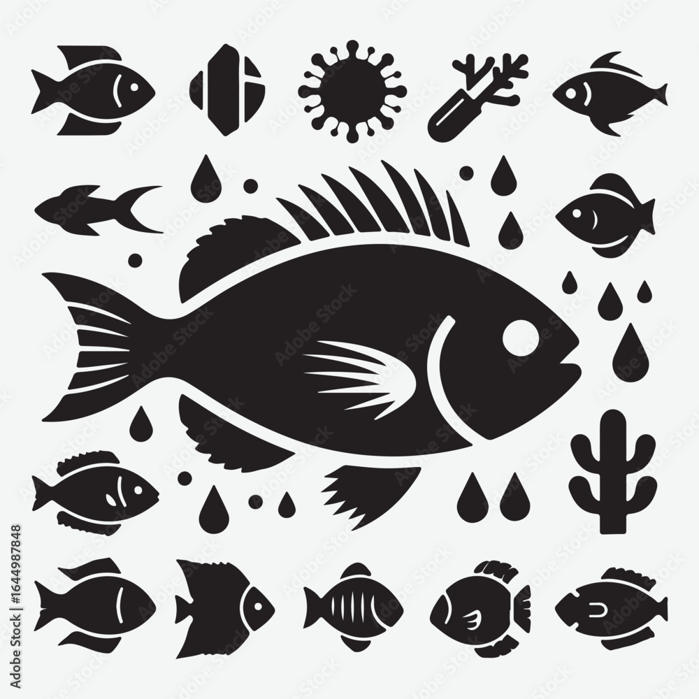 Fototapeta premium Fish silhouette icon, flat black vector design