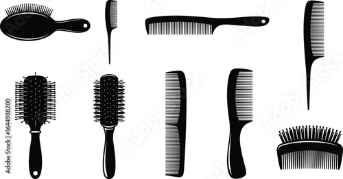 Collection of various hair brushes and combs, black silhouette set for hairstyling tools, barbershop equipment, hair care accessories vector illustration