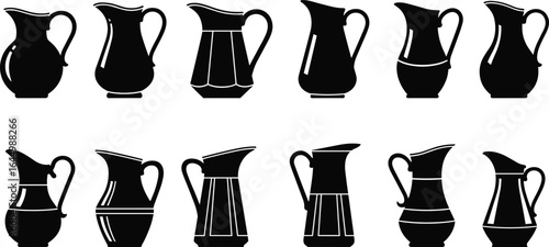 Collection of vintage pitcher silhouettes, antique jug vector icons, classic water container designs for kitchenware, beverage serving, home decor illustration set