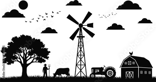 Farm silhouette scene with barn, windmill, tractor, cow, farmer, tree, clouds, birds, countryside rural landscape vector illustration for design projects