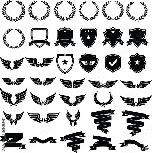 Collection of heraldic emblems badges shields wings and ribbons