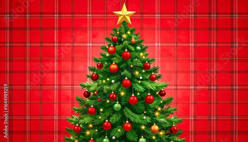 Chrismas tree bokeh lights Christmas Card AI generated wallpaper. Adorned Christmas Tree, Wreath, and Garland Inside Living Room, Copyspace. 