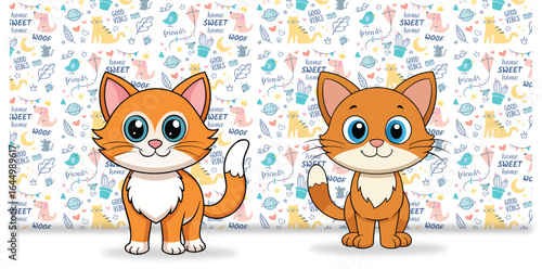 Cute Cartoon Orange Cats Vector Illustration with Seamless Pattern Background