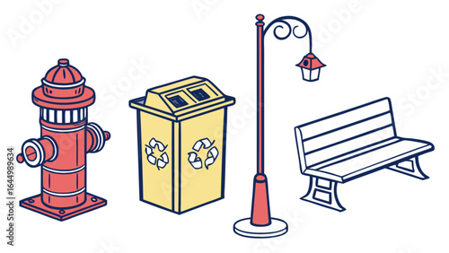 Illustration of street elements fire hydrant recycling bin street lamp and bench for urban design concept art