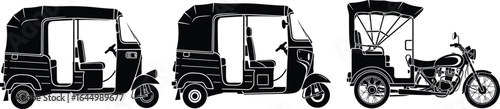 Set of auto rickshaw and motorbike rickshaw silhouettes, three-wheeler taxi vector illustrations, urban public transport, commuter vehicle, city travel graphic art