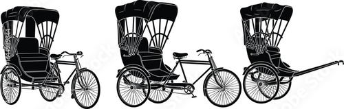 Set of cycle rickshaw and hand-pulled rickshaw silhouettes, pedal taxi vector illustrations, urban transport, traditional vehicle, passenger carriage, vintage transportation graphic art
